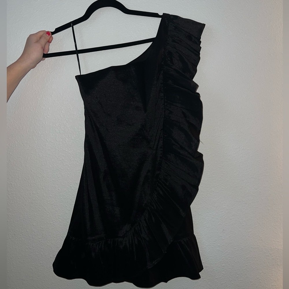 One shoulder black ruffle mini dress